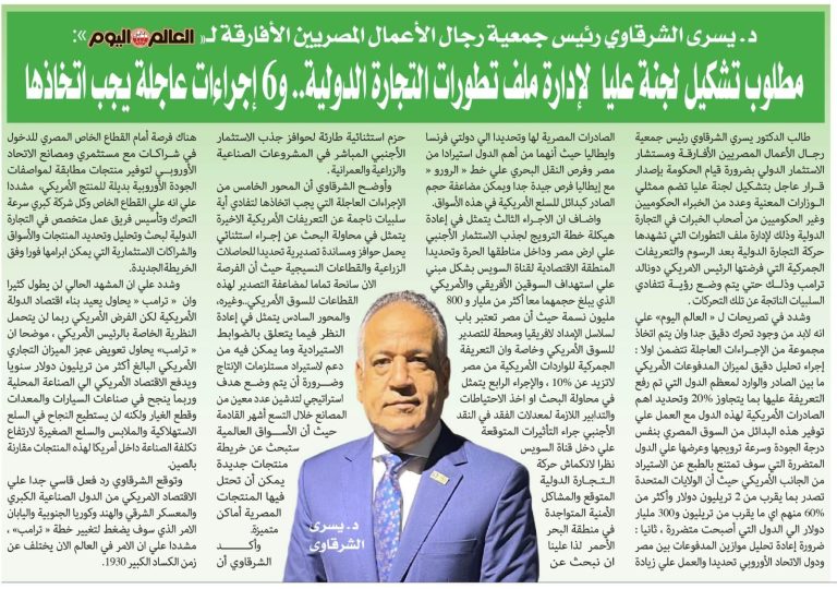 د.يسري الشرقاوي رئيس جمعية رجال الأعمال المصريين الأفارقة لـ” العالم اليوم”: مطلوب تشكيل لجنة عليا لإدارة ملف تطورات التجارة الدولية..و6 إجراءات عاجلة يجب اتخاذها